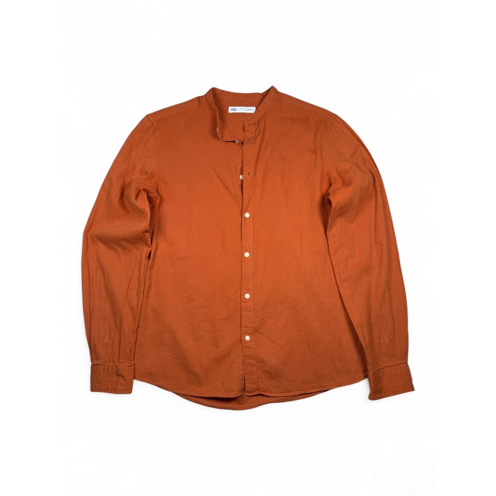 Zara Mens Burnt Orange Textured Band Collar Long Sleeve Button Down Shirt Small